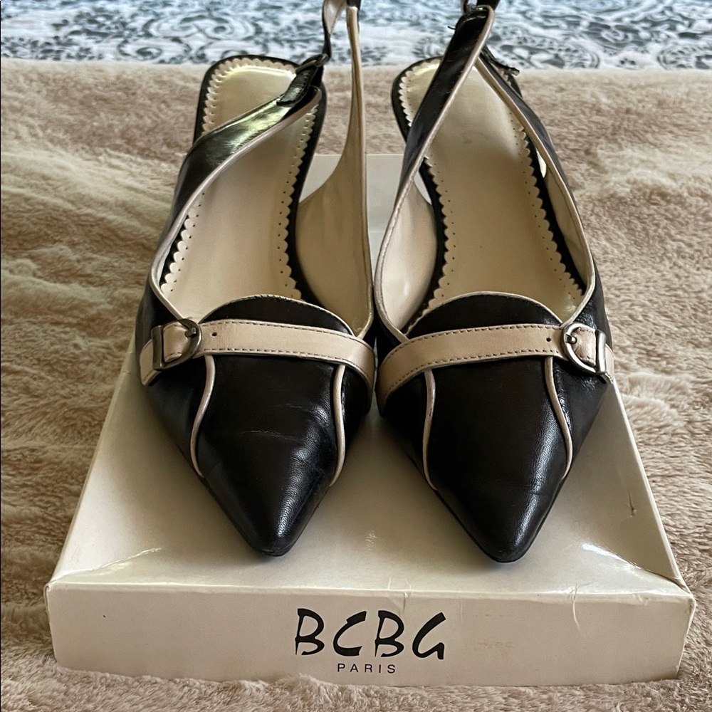 BCBG Paris Black and Cream Pointed Slingback Heels